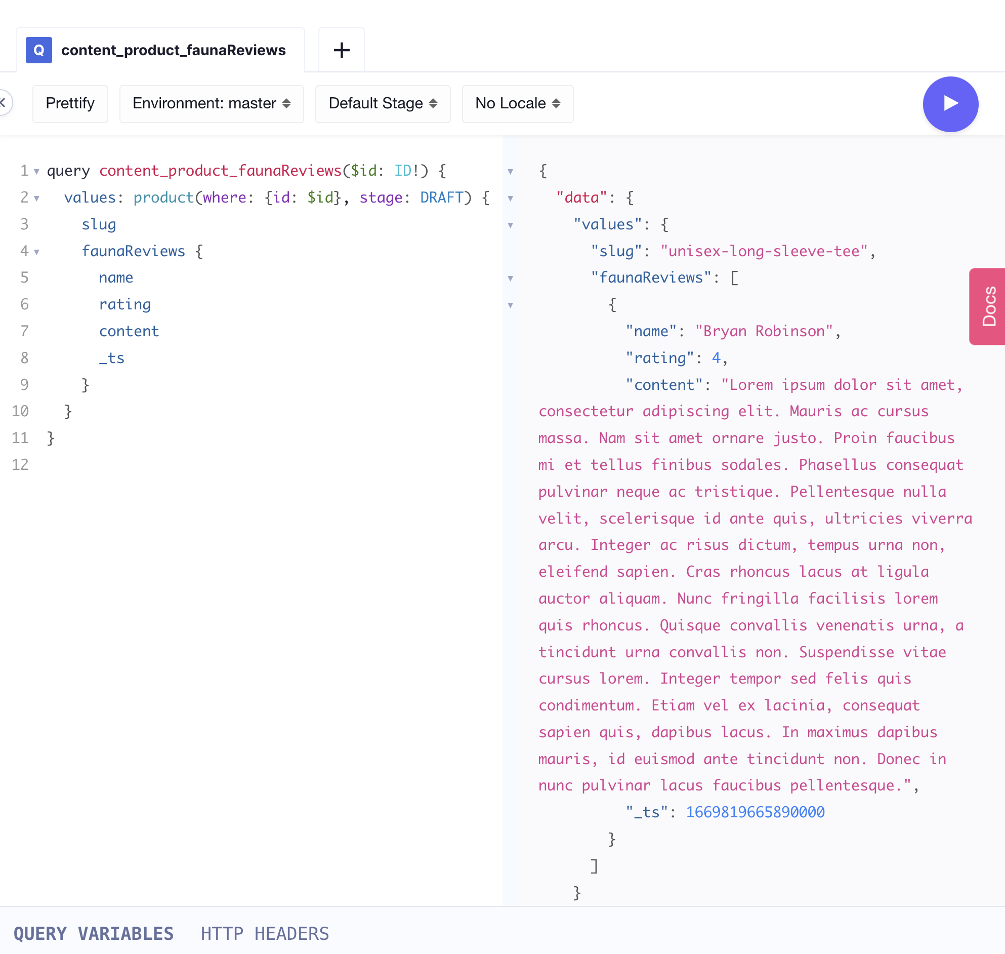 Screenshot of the Hygraph API Playground showing the query listed above and the JSON response generated