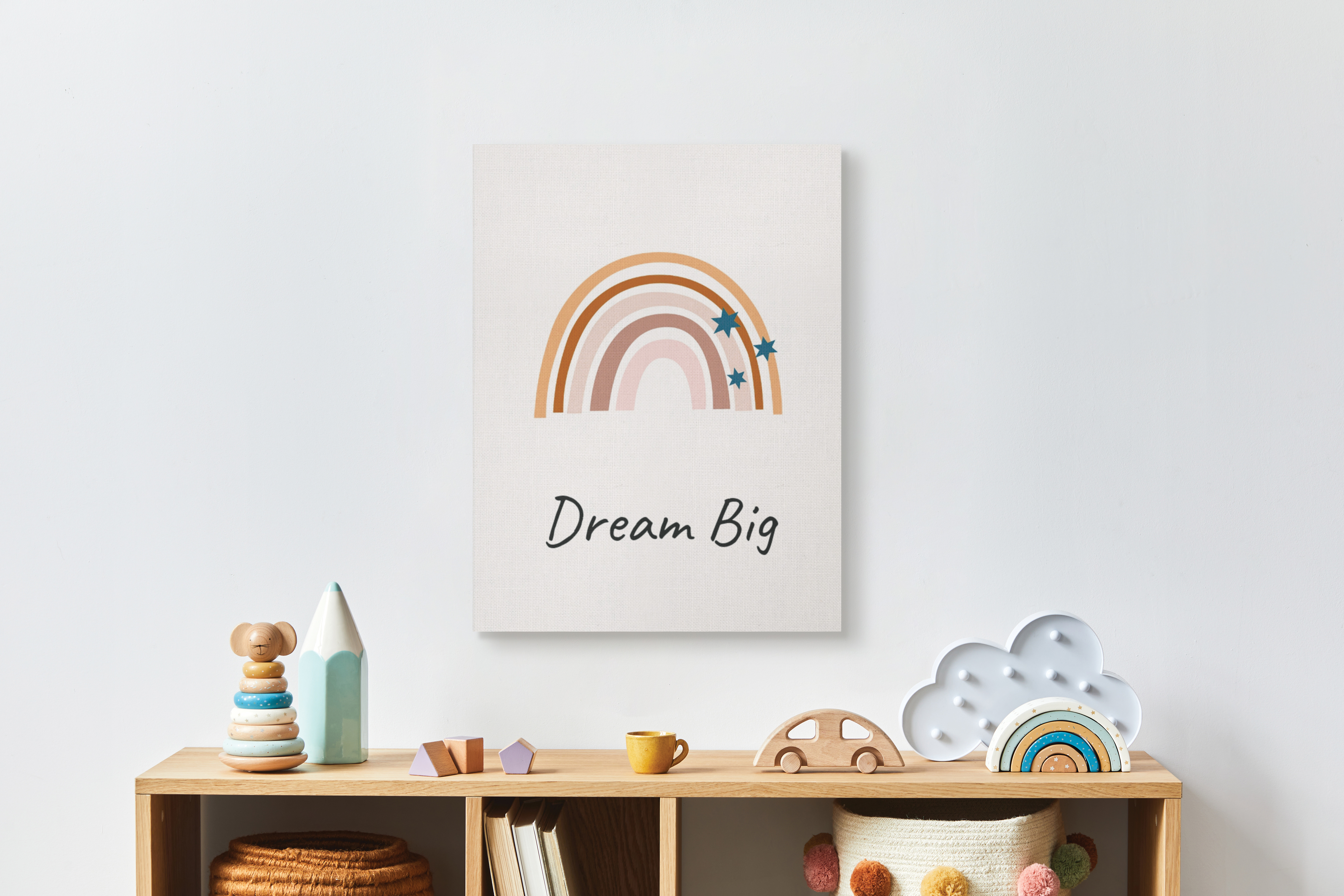 Rise and Shine wall art on top shelf