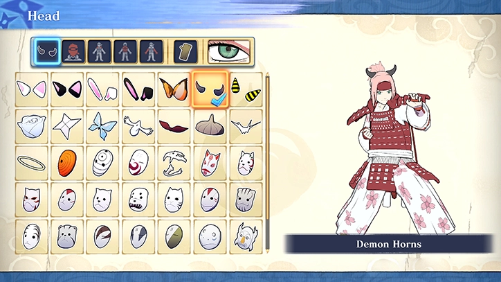 A menu screen showing some of the customization options in NARUTO X BORUTO Ultimate Ninja STORM CONNECTIONS game.