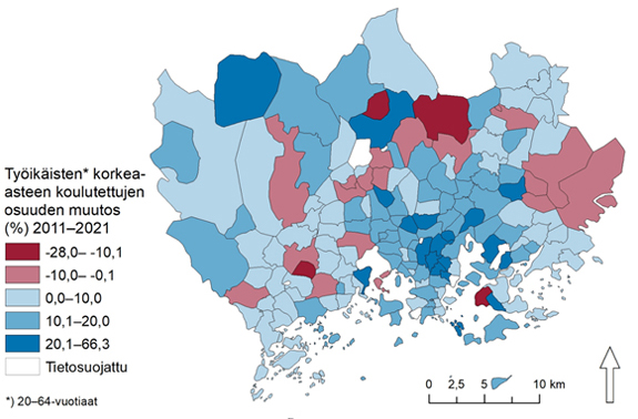 Kartta 3. Työikäisten korkea-asteen koulutettujen osuuden muutos postinumero¬alueittain Pääkaupunki¬seudulla 2011–2021. Keskeinen sisältö on kuvattu tekstissä.