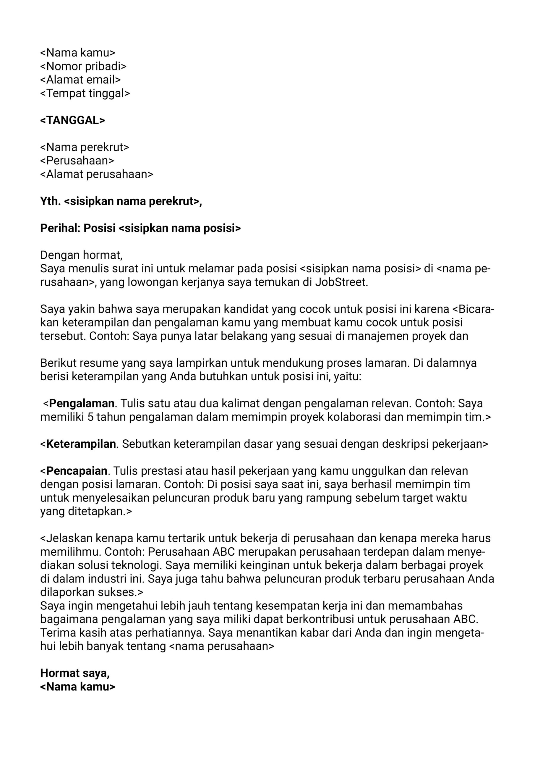 contoh cover letter bahasa indonesia word
