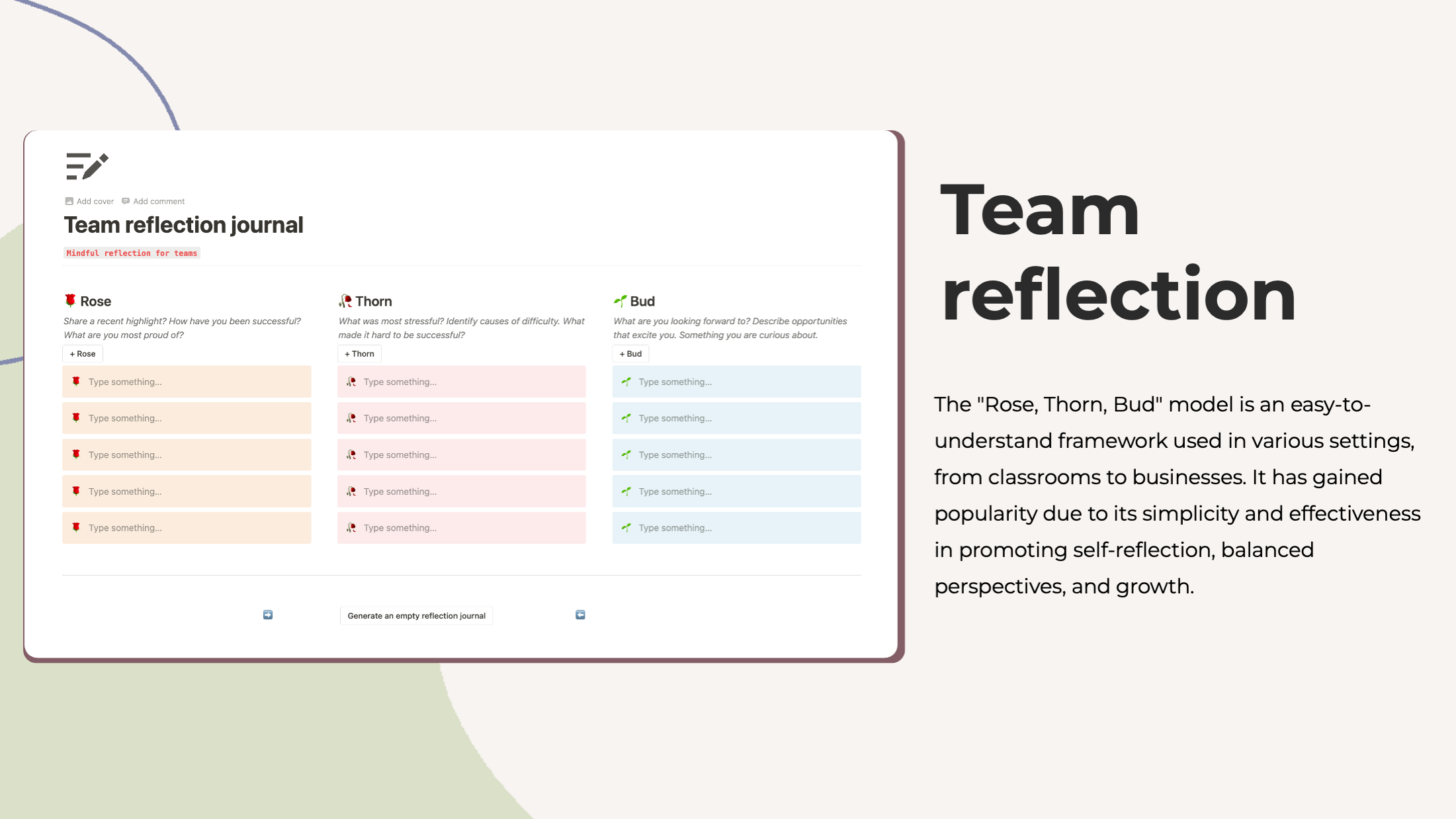 Team reflection template - organize team reflections and insights.