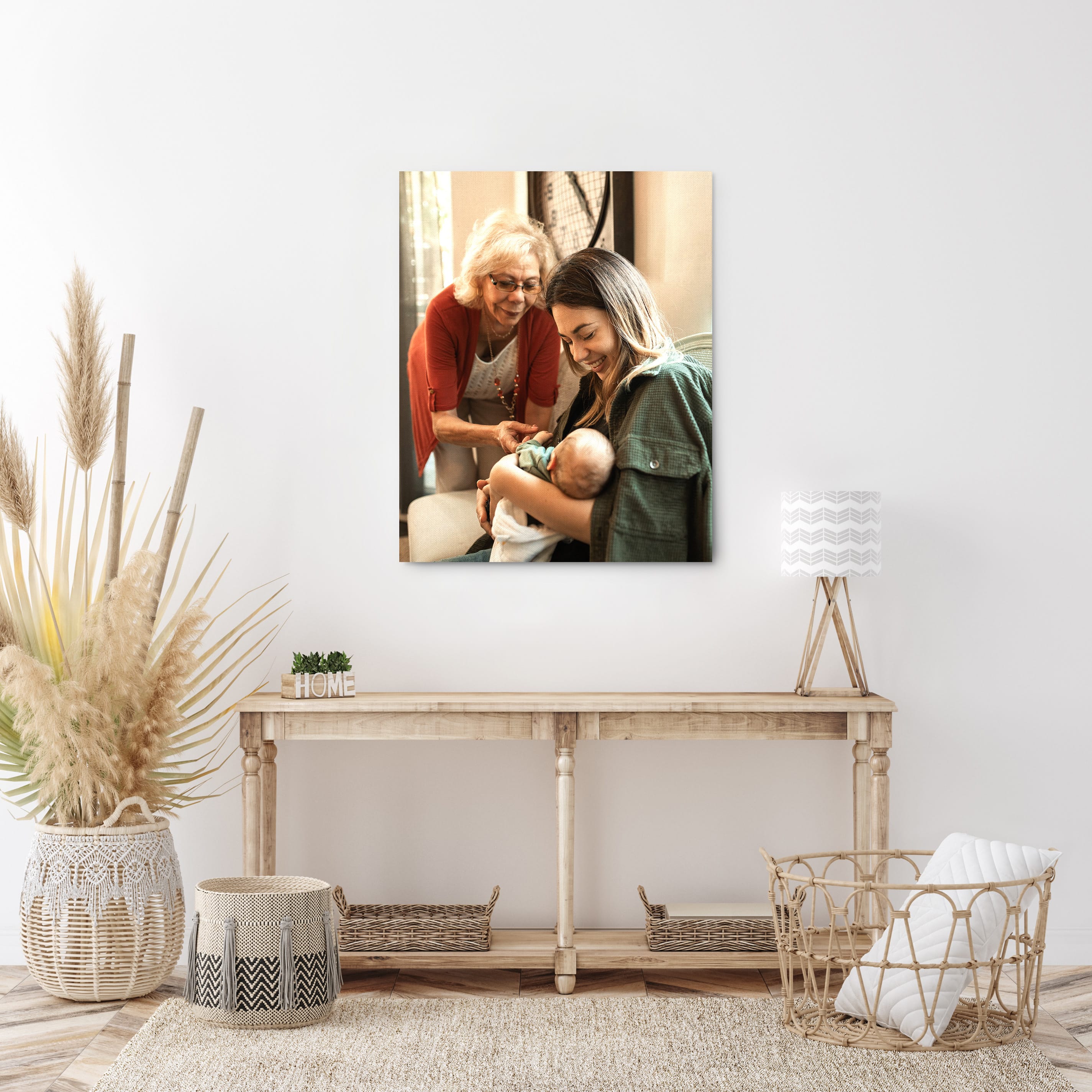 Canvas print in living room of mother, daughter, and grandchild