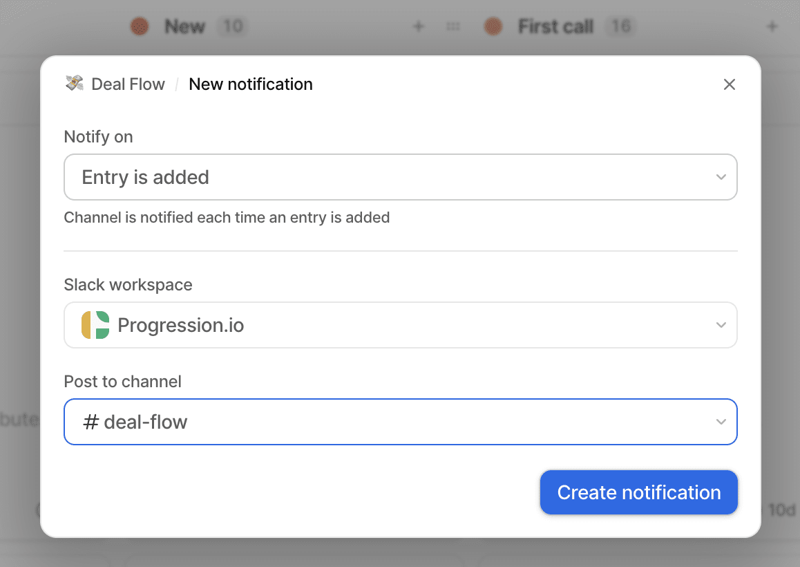 Pop-up window for creating a Slack notification showing options for which notification to send, and which Slack workspace and channel to send to