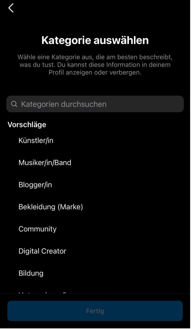 Instagram-Account erstellen - Kategorie auswählen