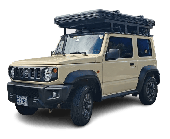 Seitenansicht eines beigefarbenen Suzuki Jimny 3-Türer Camper ...