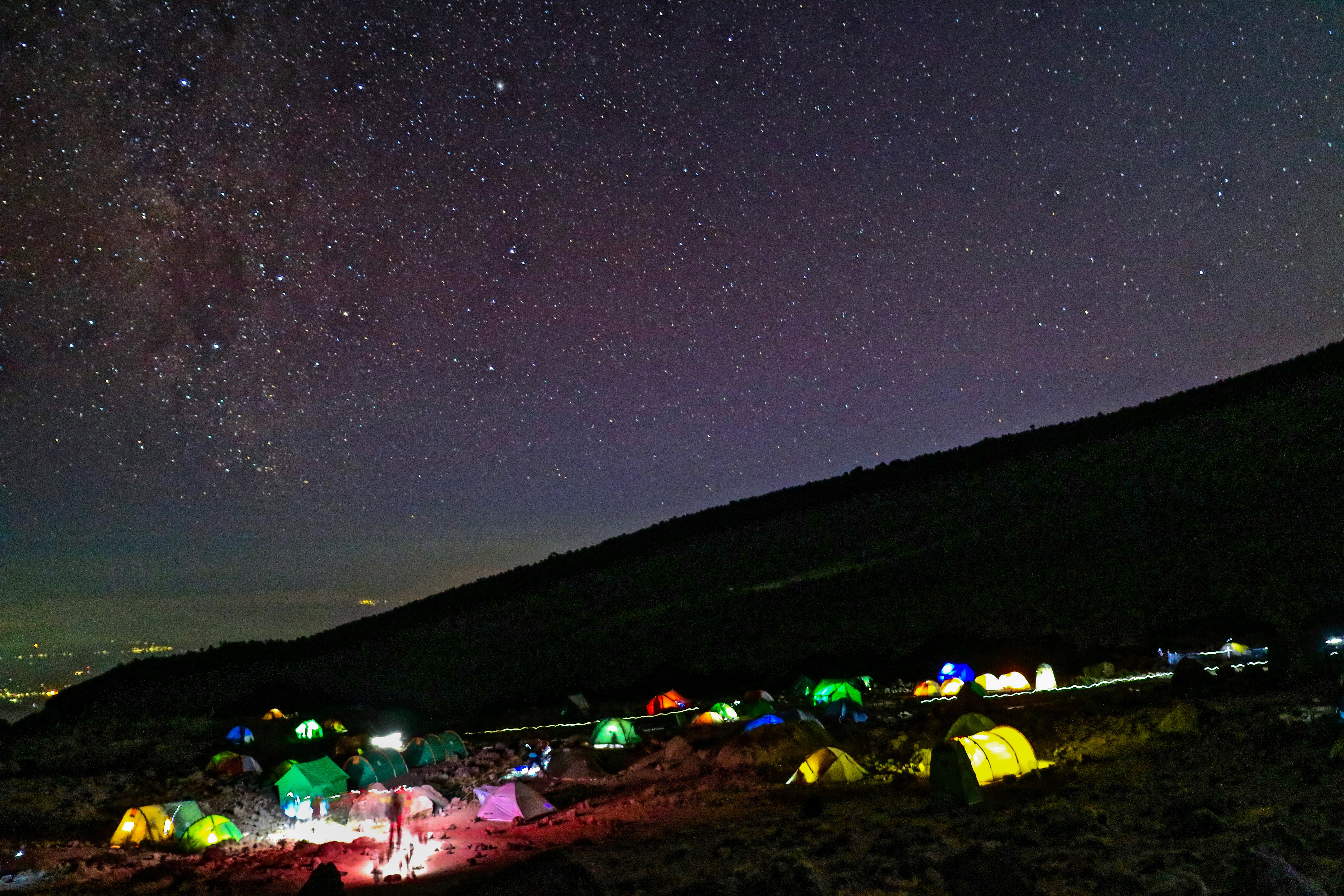 Tents at night on Mount Kilimanjaro