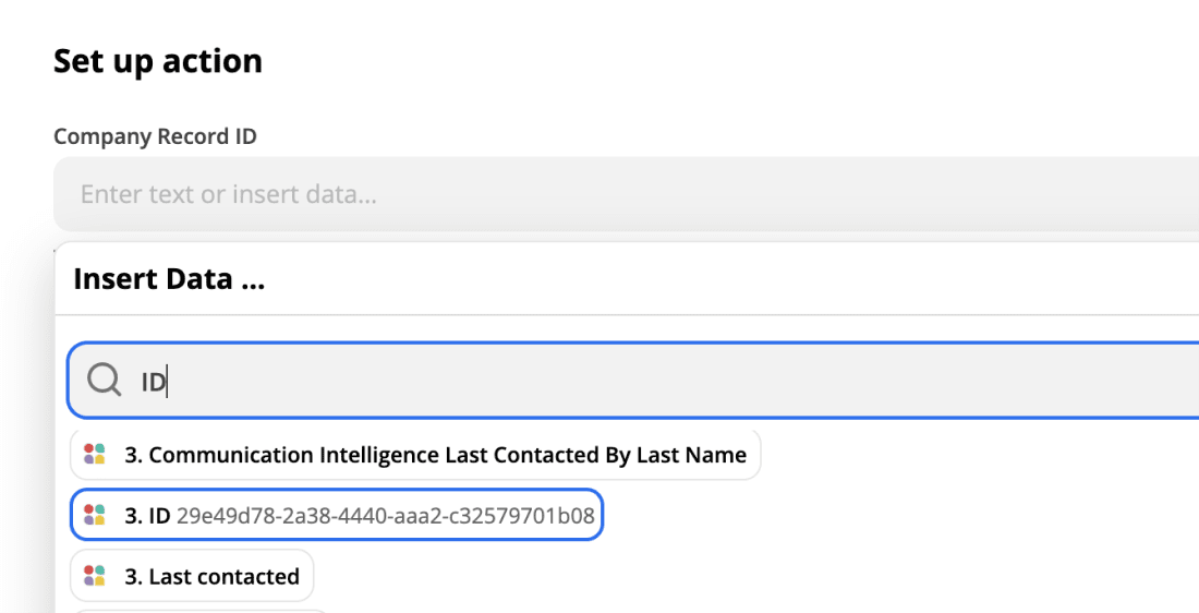 An action step is being configured in this screenshot, with values pulled from step 3 of this Zap being used to link a person and a company record in Attio.