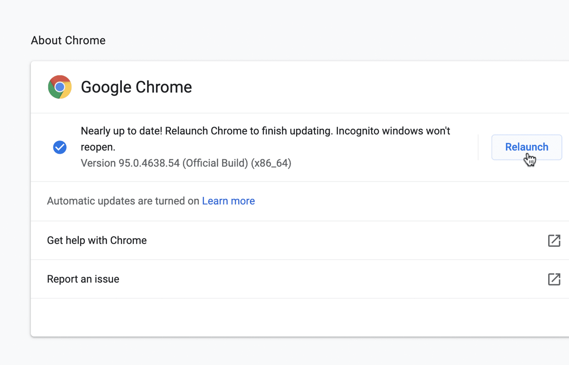 In Chrome's About Google Chrome window, a cursor hovers over the the Relaunch button beside details about which version of Chrome is currently installed. 