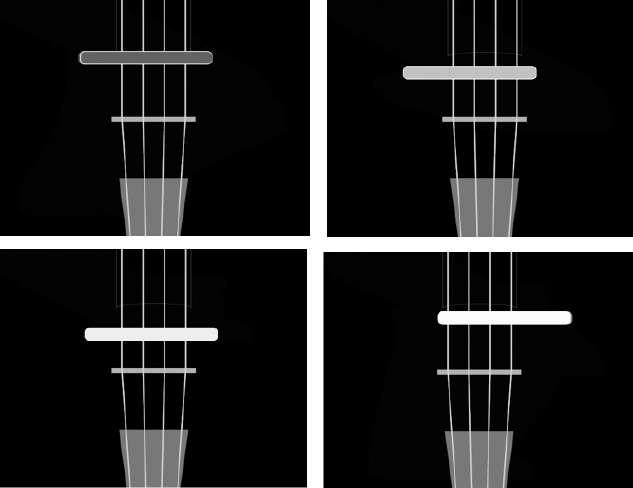 תרשים 6. טווח הלחץ על קשת הצ'לו, מהכבד ביותר (למעלה משמאל) לקל ביותר (למטה מימין)