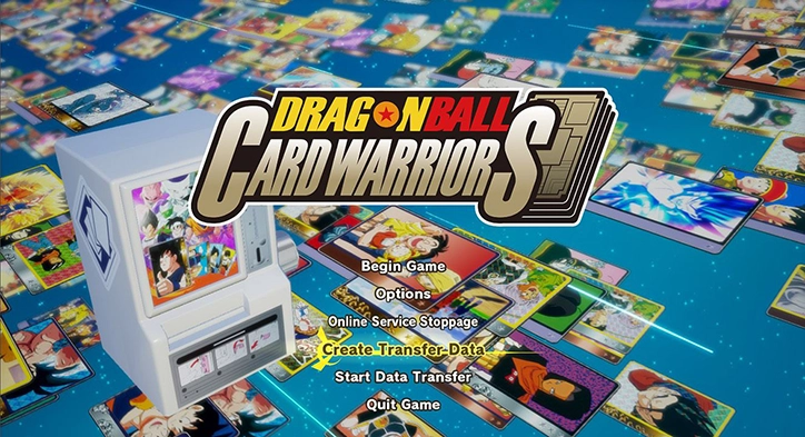 Dragon Ball Card Warriors menu with Create Transfer Data option selected.