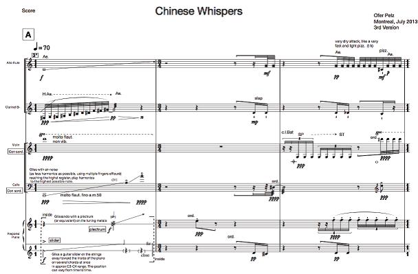 Figure 1. Ofer Pelz, Chinese Whispers (2013), for flute, clarinet, violon, cello and prepared piano, mm. 1-3