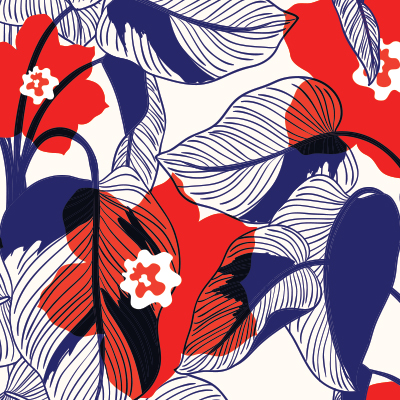 An illustration of a red flower with navy blue leaves