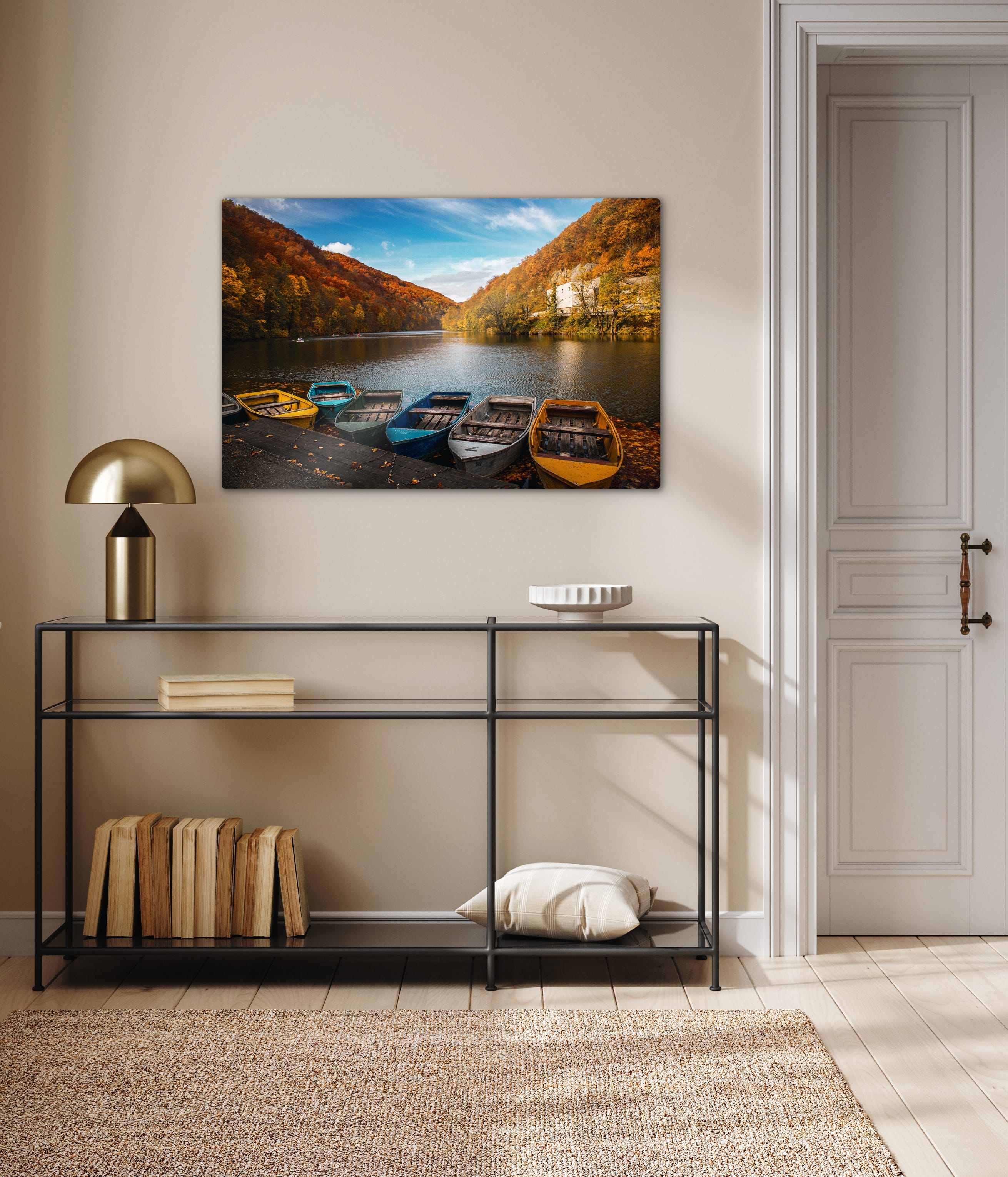 Metal print in living room of canoes on the lake