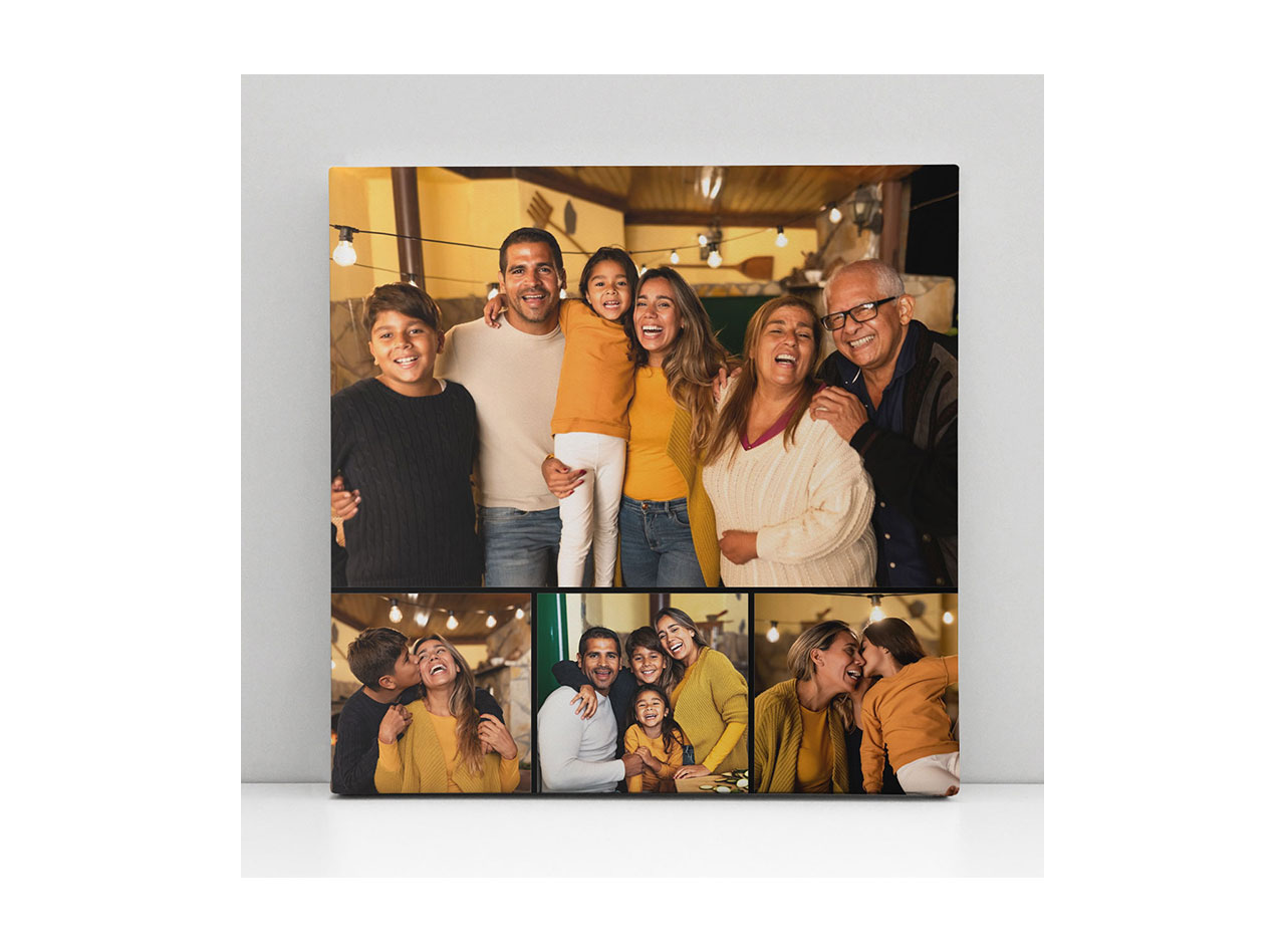 A canvas print with a collage of four photos of a family enjoying a celebration together