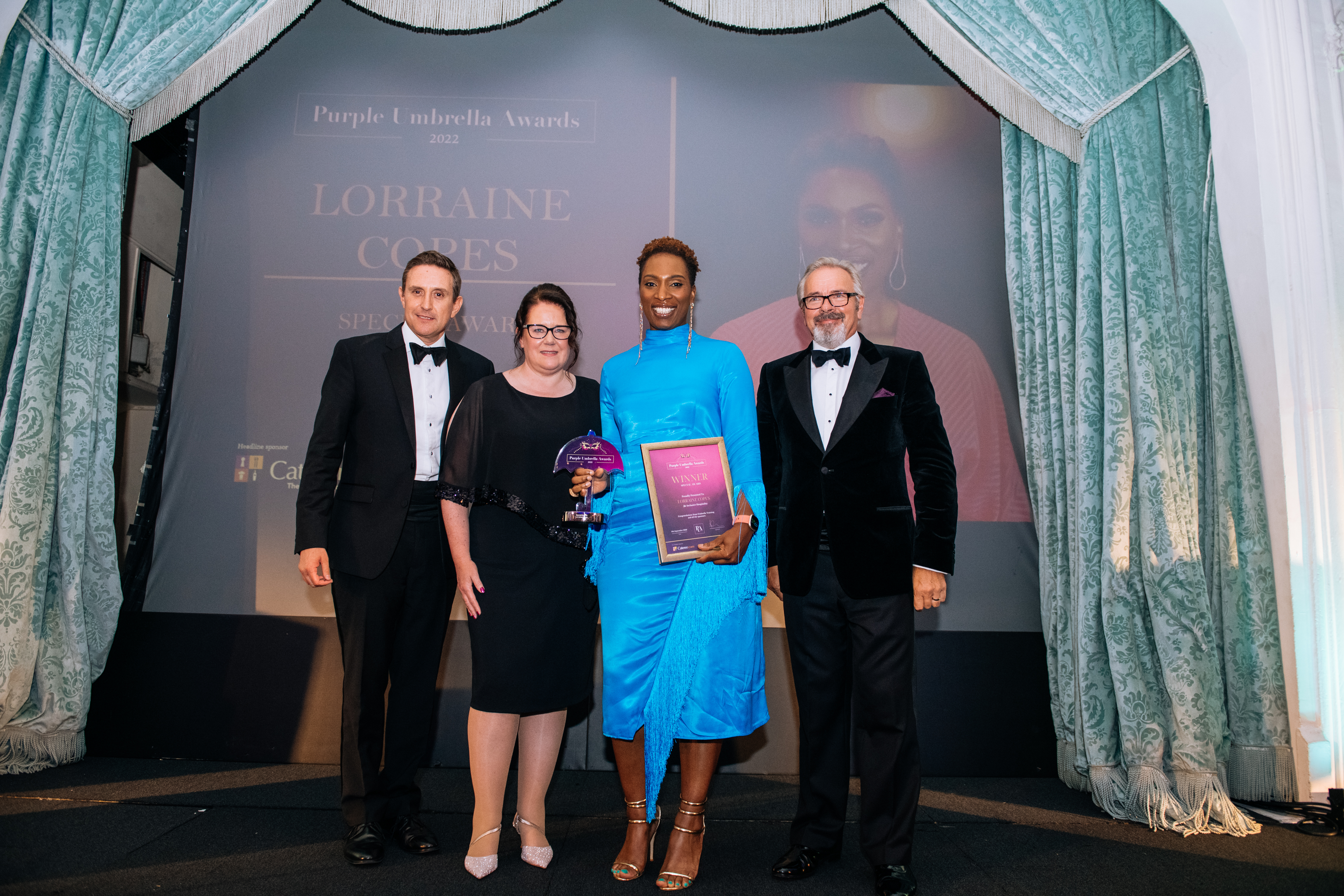 (l-r) Mark Lewis, CEO, Hospitality Action; Adele Oxberry, founder and CEO, Umbrella Training; Lorraine Copes, founder, Be Inclusive Hospitality and Peter Hancock, awards host