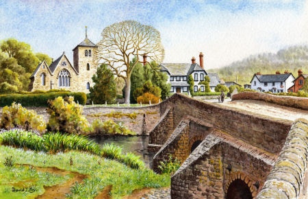 Mordiford Bridge and The Church of the Holy Rood, Herefordshire (Watercolour Painting)