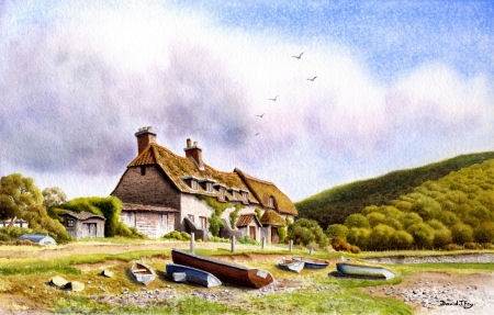 Cottages, Porlock Weir, Somerset (Watercolour Painting)