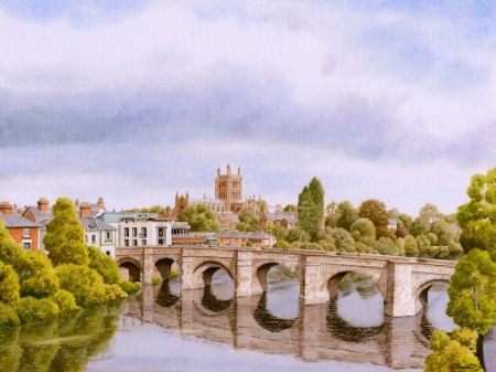 The River Wye, Old Bridge and Hereford Cathedral (Watercolour Painting)