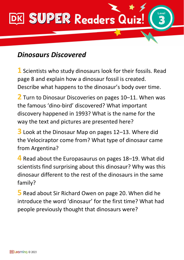 Level 3 Dinosaurs Discovered Comprehension Quiz