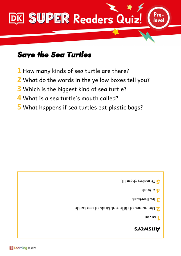 PreLevel Save the Sea Turtles Comprehension Quiz