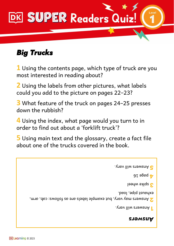 Level 1 Big Trucks Comprehension Quiz