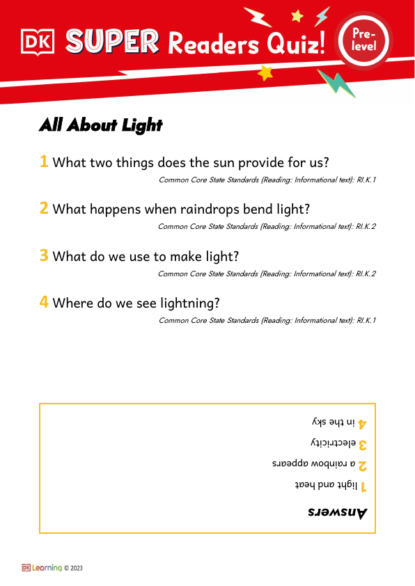 Prelevel All About Light Comprehension Quiz
