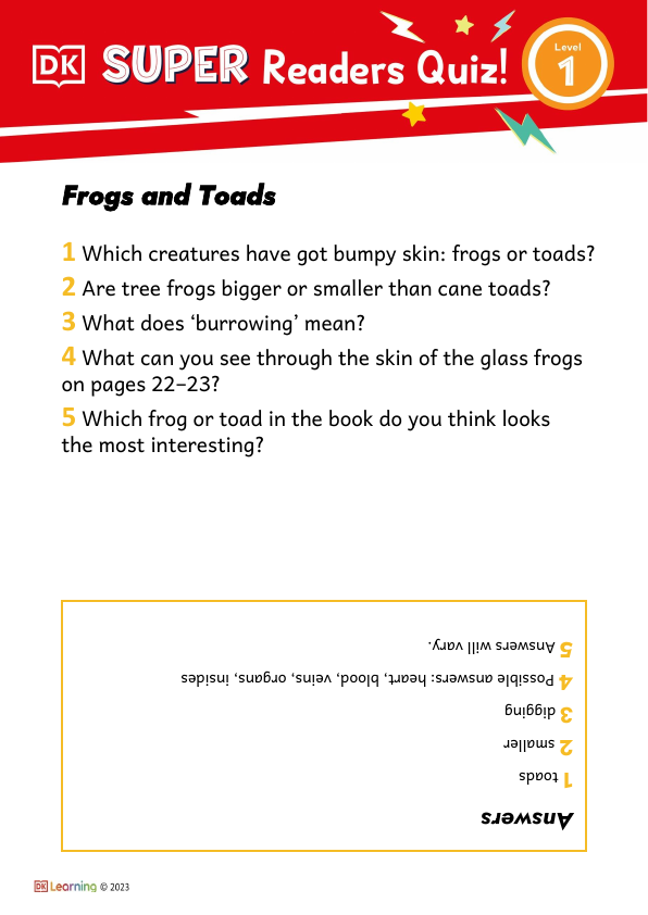 Level 1 Frogs and Toads Comprehension Quiz