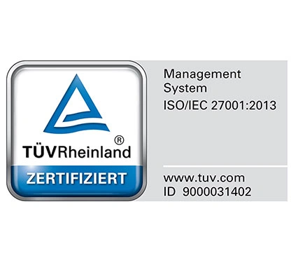 Logo des TÜV-Zertifikats ISO/IEC 27001:2013