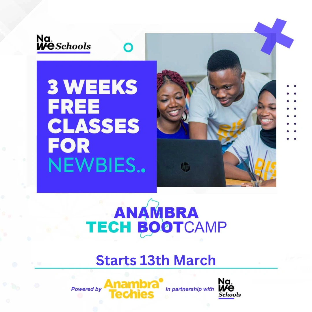 We are excited to announce our 3-week tech BootCamp designed to train and onboard Anambra youths into a thriving career in tech.

The bootcamp is designed to be a launchpad to help over 100 youth from the state kickstart their careers in tech. We are excited about the imapct this will make and look forward to meeting with all of the amazing newbies who we will be helping guide into an amazing career in technology.
