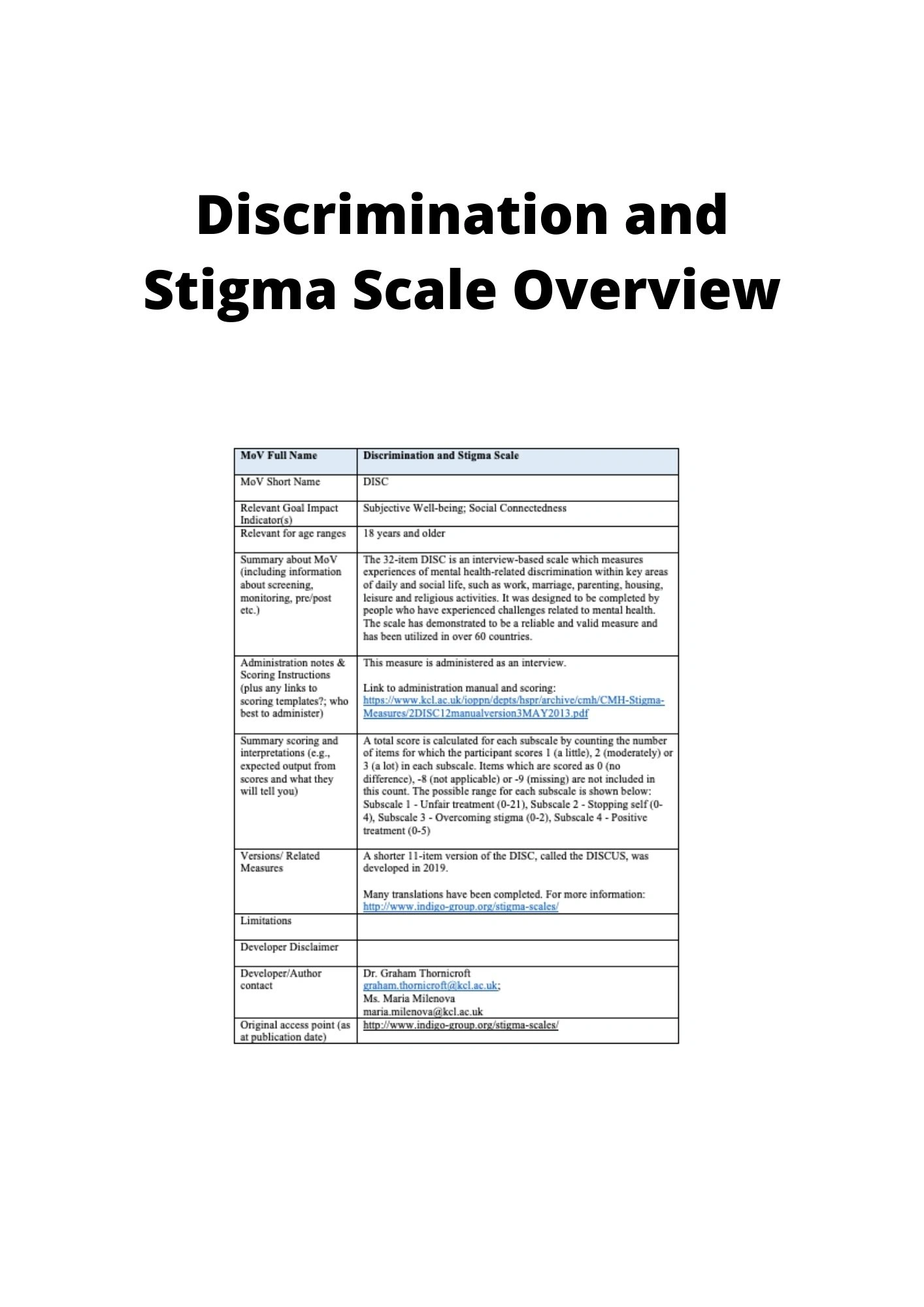 DISCRIMINATION AND STIGMA SCALE OVERVIEW - IASC MHPSS M&amp;E FRAMEWORK MOV ...