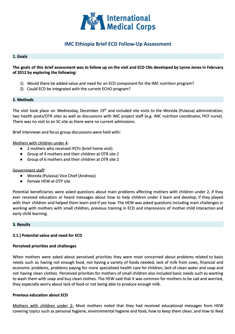 Brief ecd follow up assessment mapping and assessment report