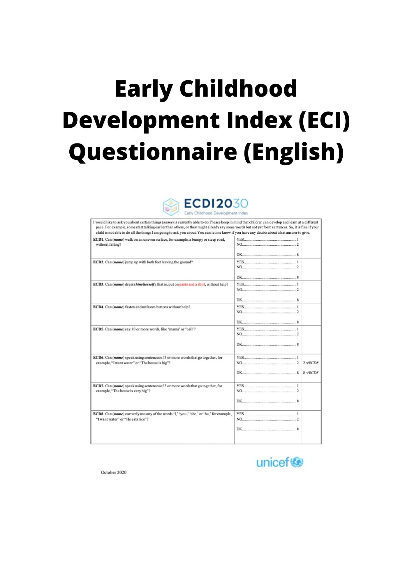 EARLY CHILDHOOD DEVELOPMENT INDEX (ECI) QUESTIONNAIRE (ENGLISH) IASC MHPSS M&E FRAMEWORK MOV