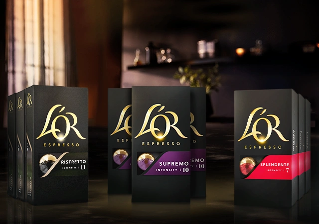 Display of L'OR Espresso coffee pods with descriptions highlighting their flavors.