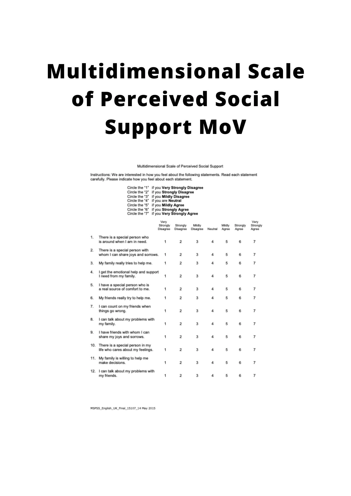 MULTIDIMENSIONAL SCALE OF PERCEIVED SOCIAL SUPPORT MoV - IASC MHPSS M&E ...