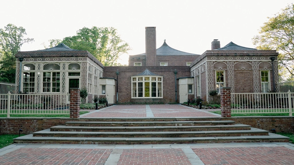 Brick patio at the back of the mansion.