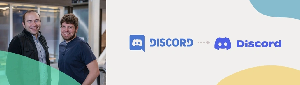 A photo of Discord founders and the first and the newest Discord logos
