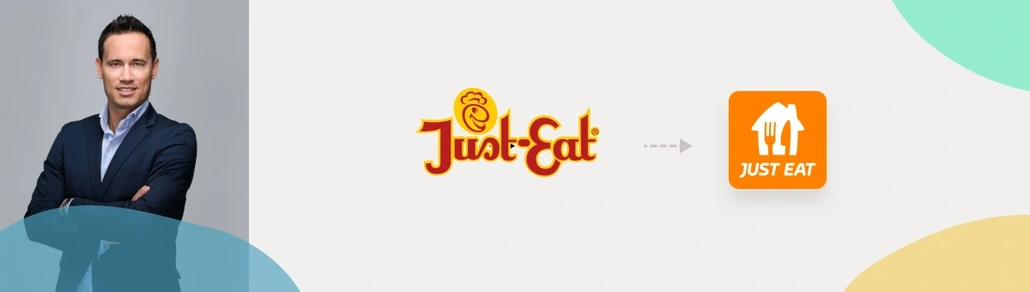 A photo of Jitse Groen and the first and the newest logo of Just Eat