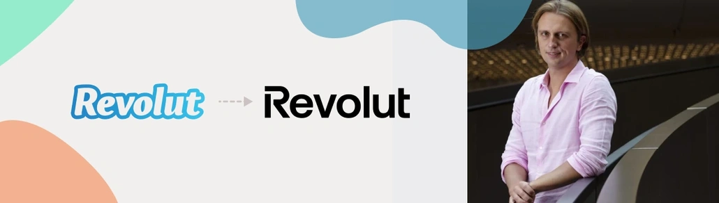 The photo of Nikolay Storonsky and the first and the newest logos of Revolut