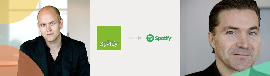 Photos of Spotify founders, Ek and Lorentzon and the first and the newest logo of Spotify