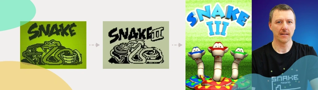 The photo of Snake creator, Taneli Armanto, and the logos of Snake, Snake II and Snake III