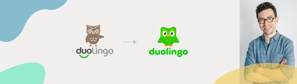 The photo of Duolingo's founder and the first and the newest logo of Duolingo