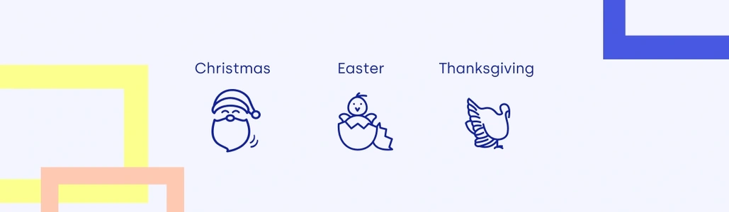 Icons of Santa Claus, chicken in egg and turkey - symbols of Christmas, Easter and Thanksgiving