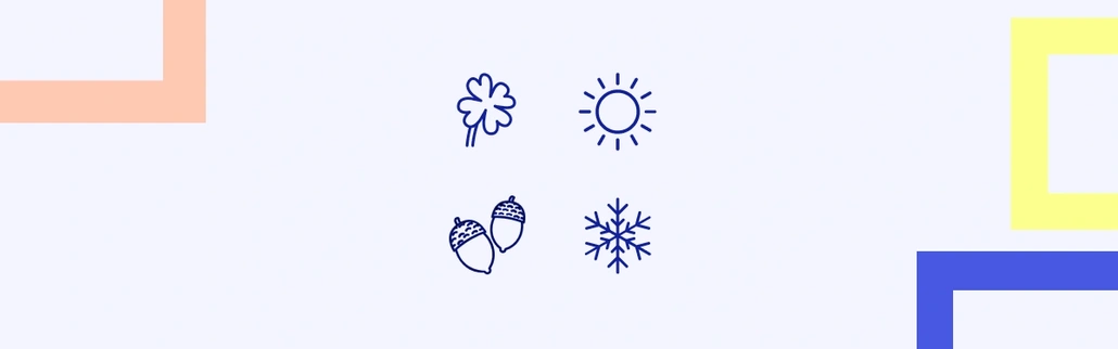 Icons of clover, sun, acorns and snowflake - symbols of 4 seasons