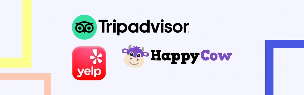 Logos of Trip Advisor,Yelp and Happy Cow