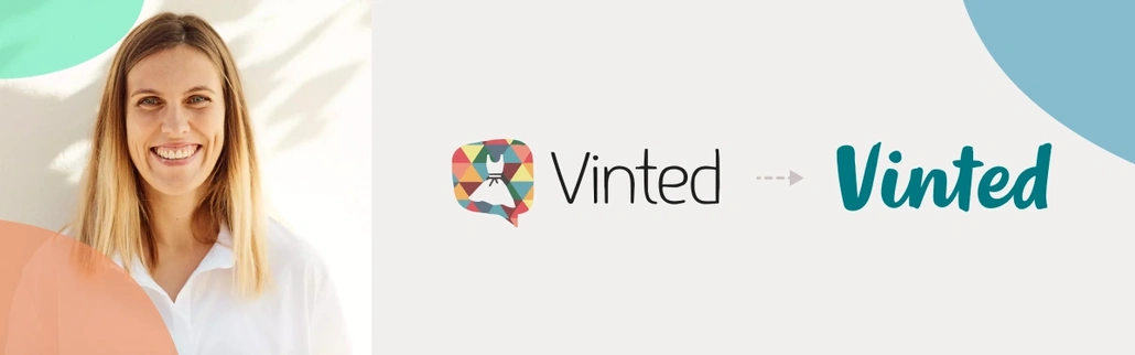 A photo of Milda Mitkute and the first and the last logo of Vinted app