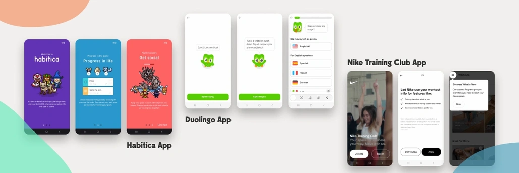 Screens of onboarding in apps: Habitica, Duolingo, Nike Training Club