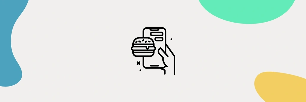 A hand holding a smartphone, a hamburger popping out of the device
