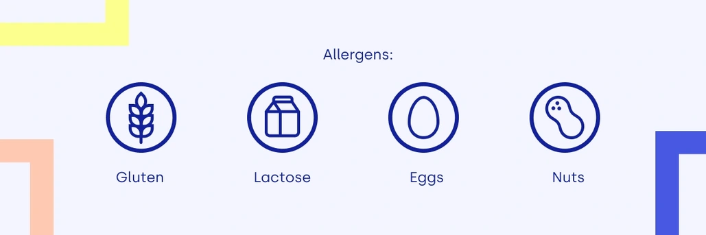 Icons of allergen-containing dishes: gluten, lactose, eggs, nuts