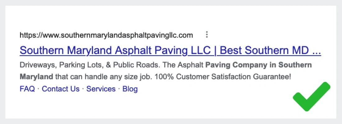 Optimized title and meta description for asphalt paving company in Maryland.